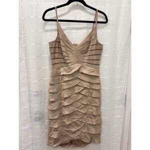 Adrianna Papell Champagne Tiered Ruffle Cocktail Dress Spaghetti Strap Size 12